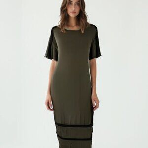 NWT Paraphrase Green Sheath Midi Dress Crew Neck Short Sleeve M